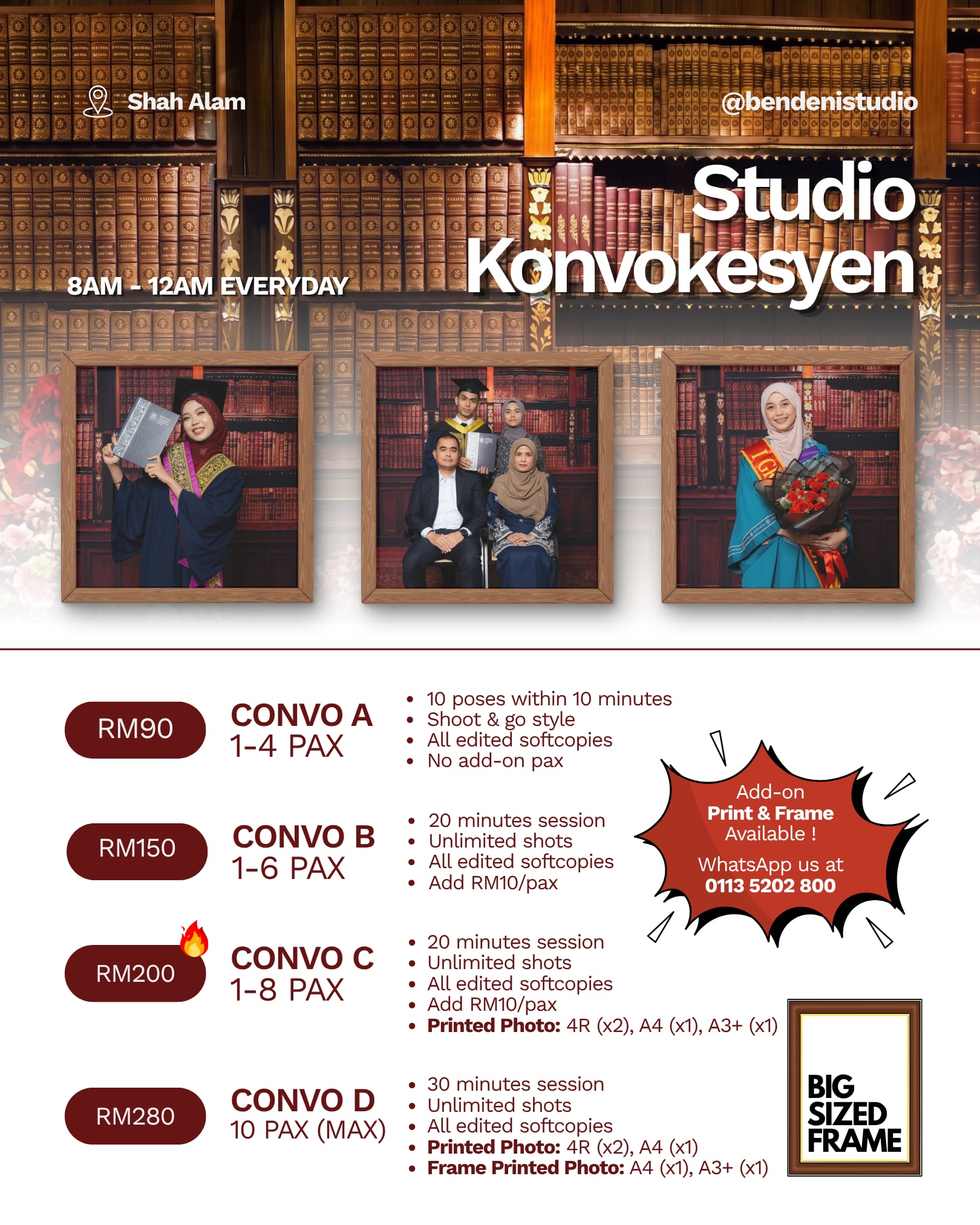 Bookshelf Backdrop convocation set at Bendeni Studio, Shah Alam